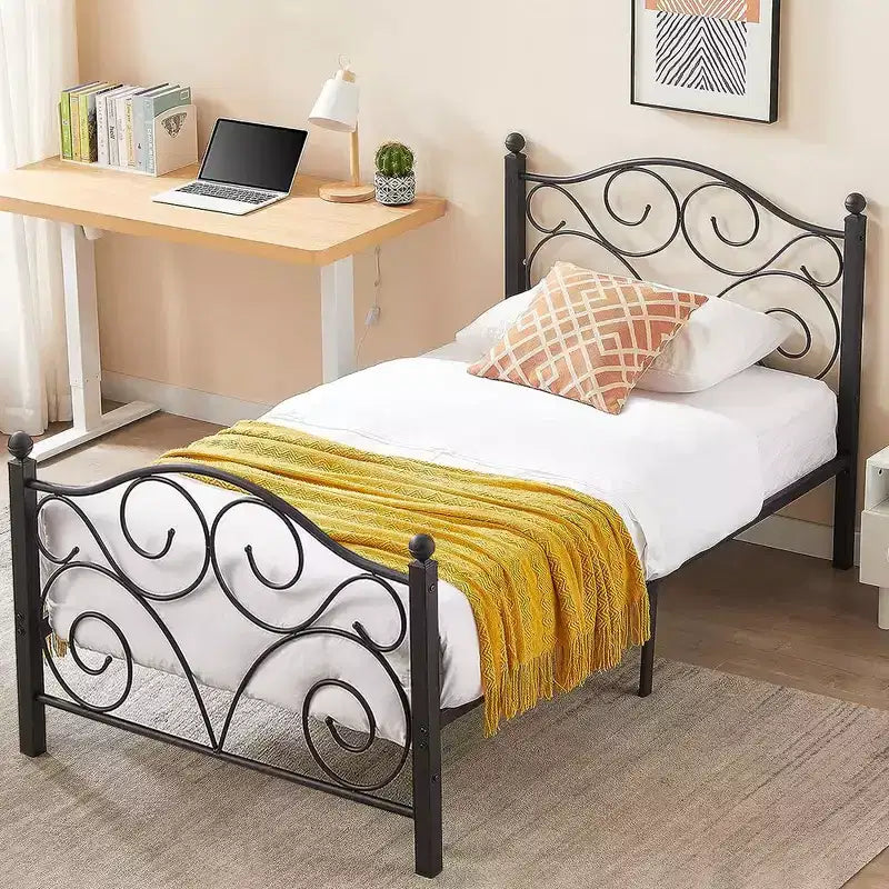 Metal Scroll Bed Frame with Upholstered Headboard & Footboard