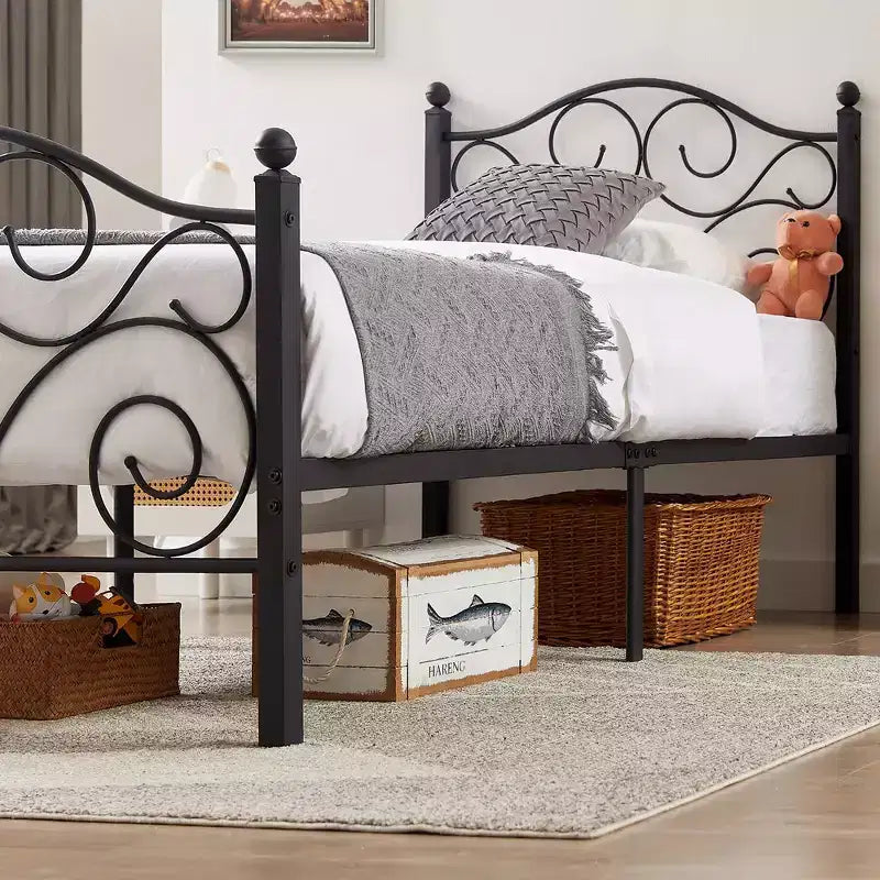 Metal Scroll Bed Frame with Upholstered Headboard & Footboard