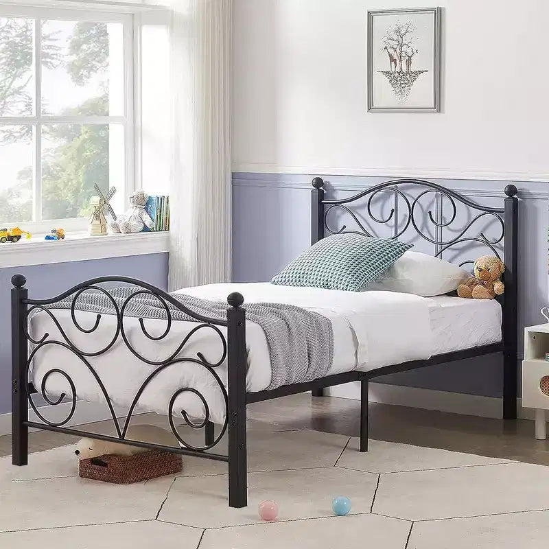 Metal Scroll Bed Frame with Upholstered Headboard & Footboard