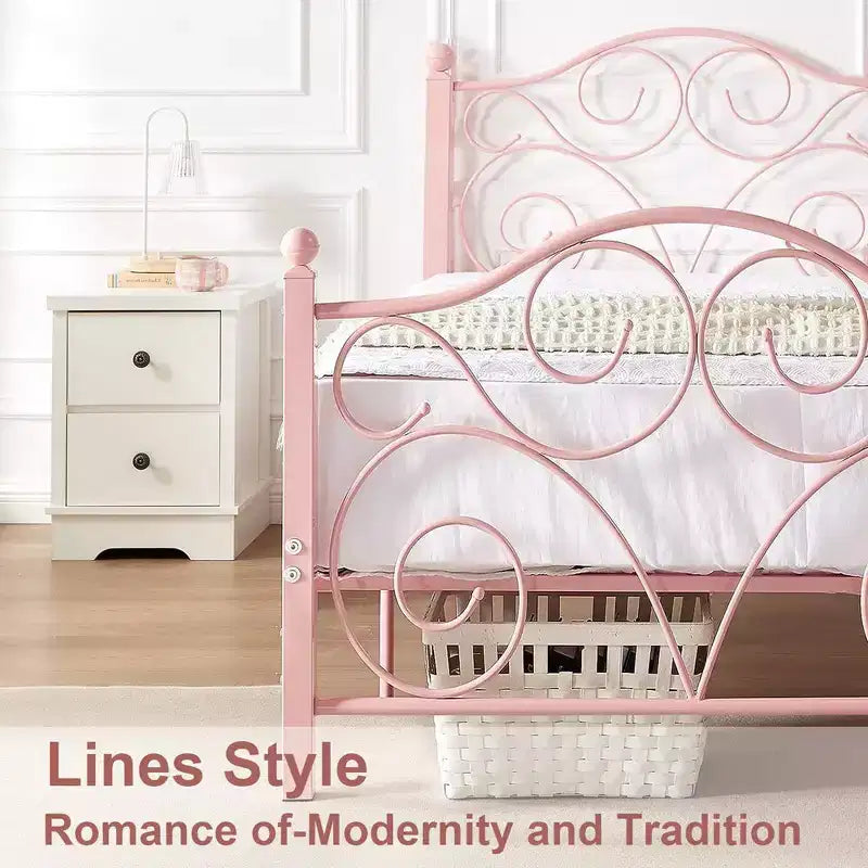 Metal Scroll Bed Frame with Upholstered Headboard & Footboard