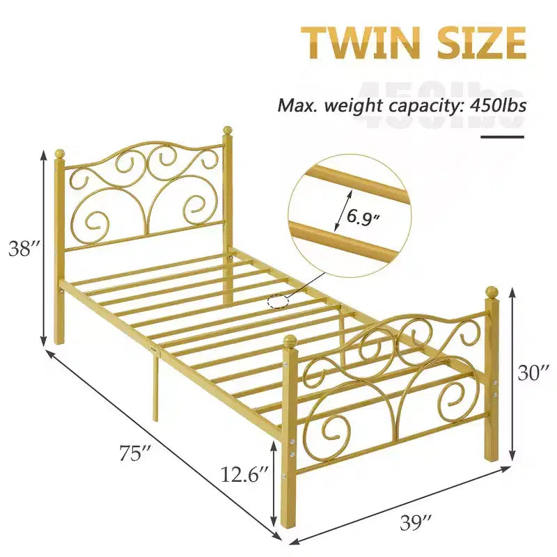 Metal Scroll Bed Frame with Upholstered Headboard & Footboard