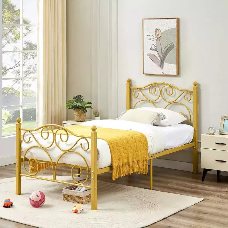 Metal Scroll Bed Frame with Upholstered Headboard & Footboard