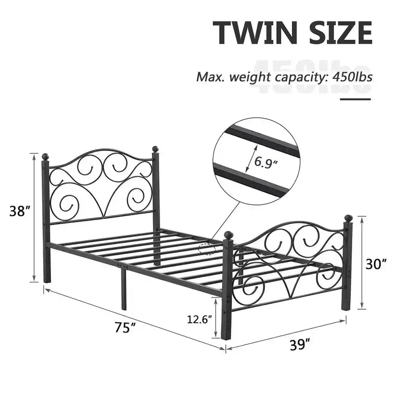Metal Scroll Bed Frame with Upholstered Headboard & Footboard