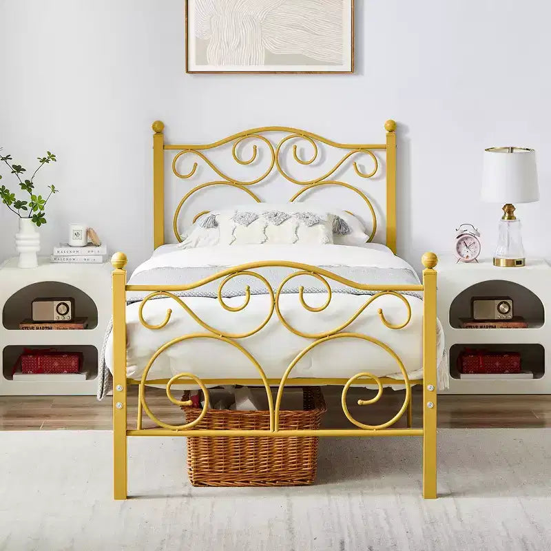 Metal Scroll Bed Frame with Upholstered Headboard & Footboard