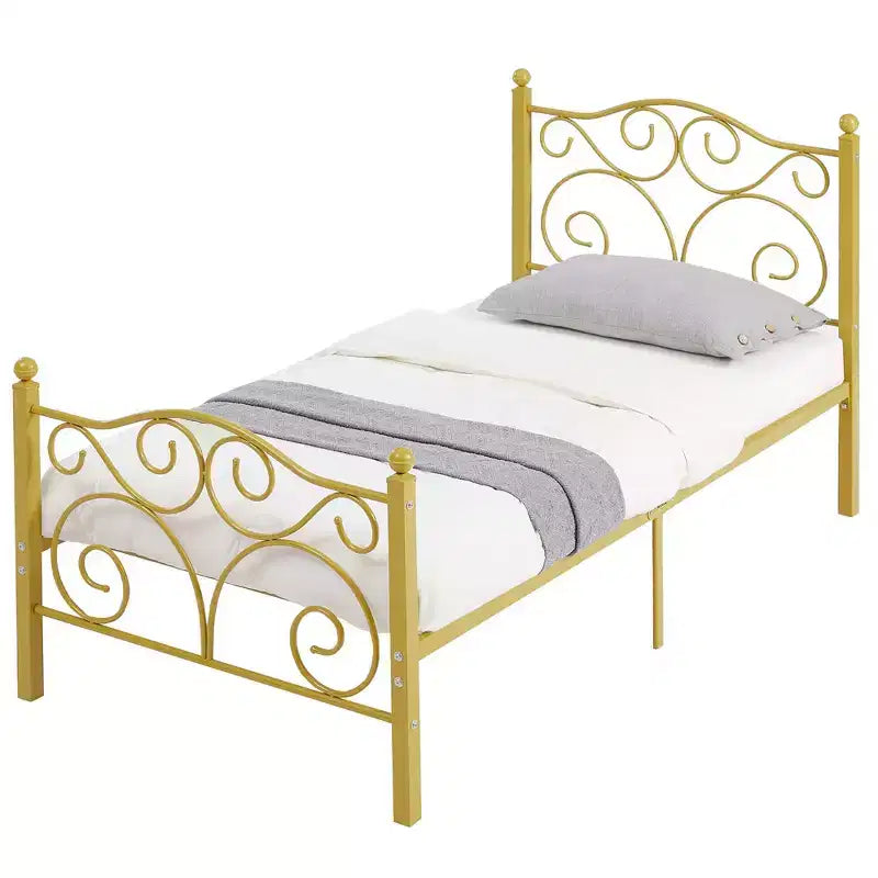 Metal Scroll Bed Frame with Upholstered Headboard & Footboard