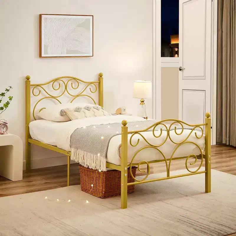 Metal Scroll Bed Frame with Upholstered Headboard & Footboard
