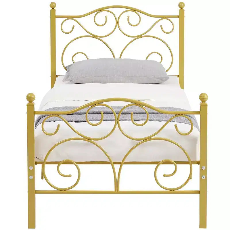 Metal Scroll Bed Frame with Upholstered Headboard & Footboard
