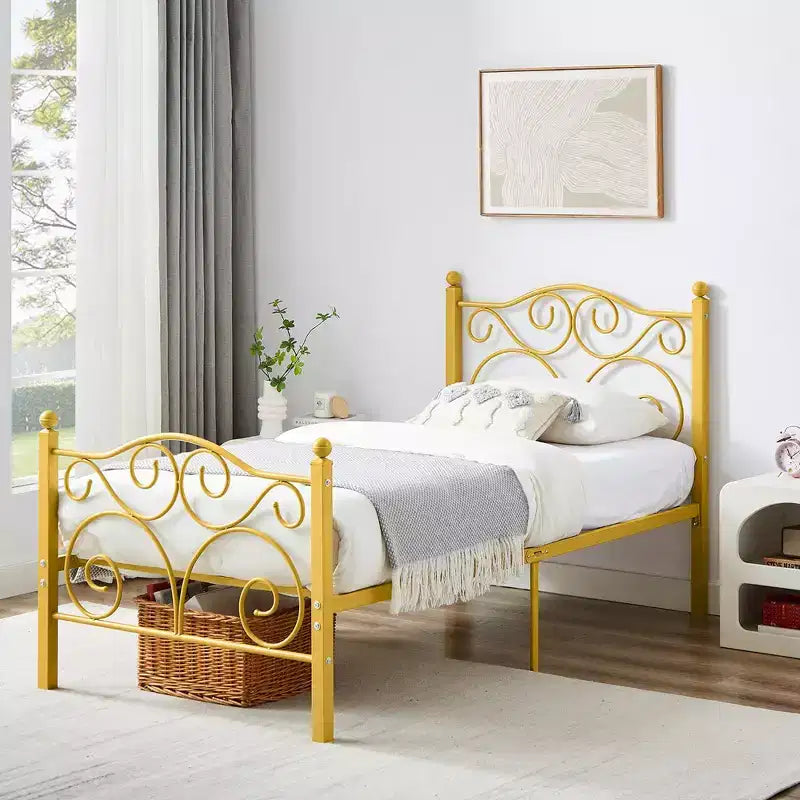 Metal Scroll Bed Frame with Upholstered Headboard & Footboard