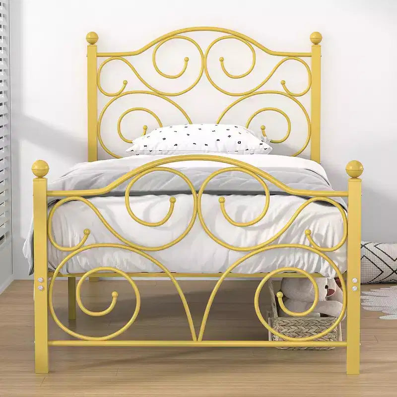 Metal Scroll Bed Frame with Upholstered Headboard & Footboard