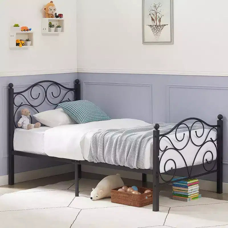 Metal Scroll Bed Frame with Upholstered Headboard & Footboard