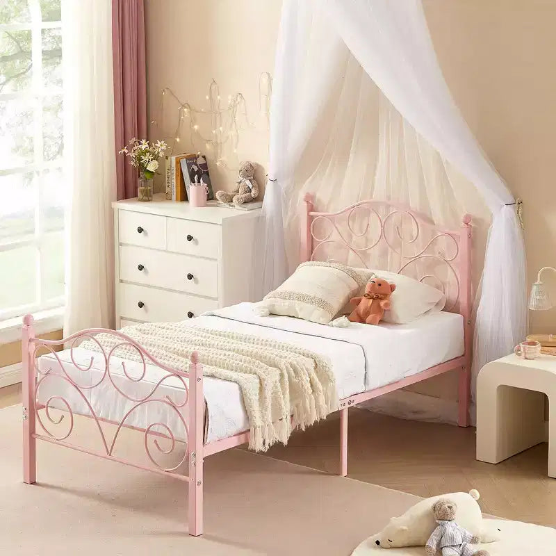 Metal Scroll Bed Frame with Upholstered Headboard & Footboard