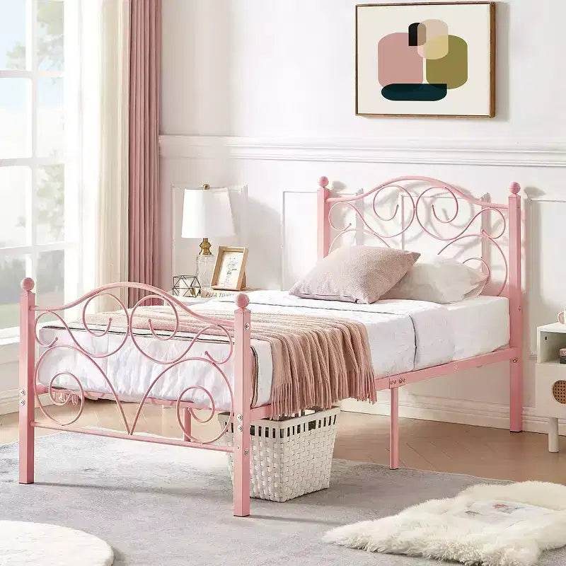 Metal Scroll Bed Frame with Upholstered Headboard & Footboard