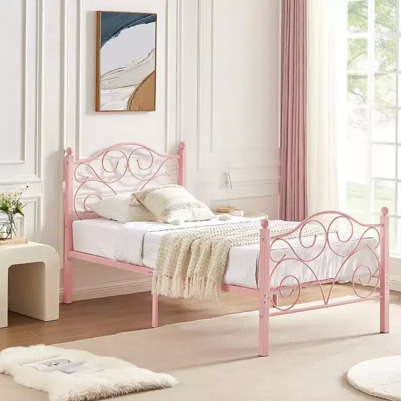 Metal Scroll Bed Frame with Upholstered Headboard & Footboard