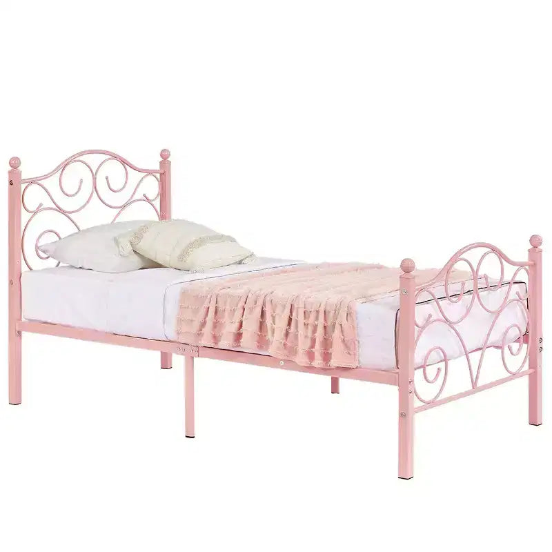 Metal Scroll Bed Frame with Upholstered Headboard & Footboard