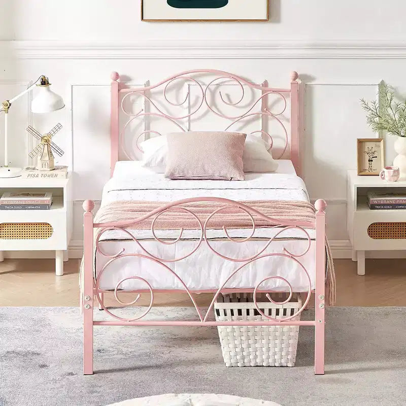 Metal Scroll Bed Frame with Upholstered Headboard & Footboard
