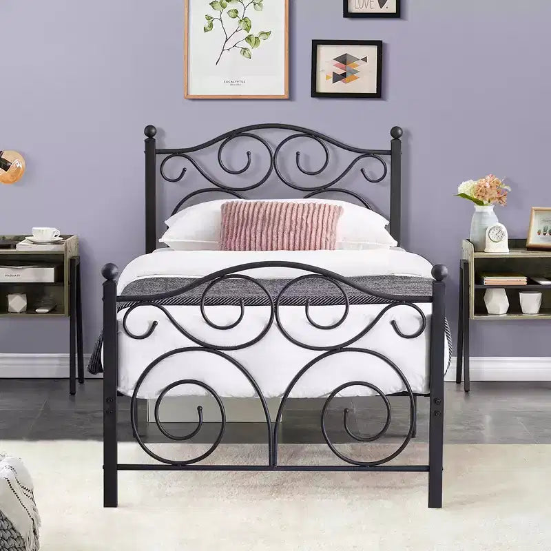 Metal Scroll Bed Frame with Upholstered Headboard & Footboard