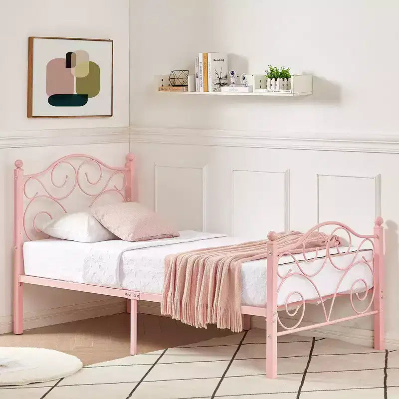 Metal Scroll Bed Frame with Upholstered Headboard & Footboard