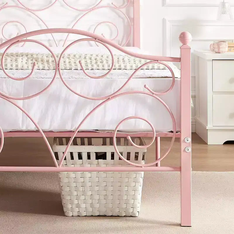 Metal Scroll Bed Frame with Upholstered Headboard & Footboard