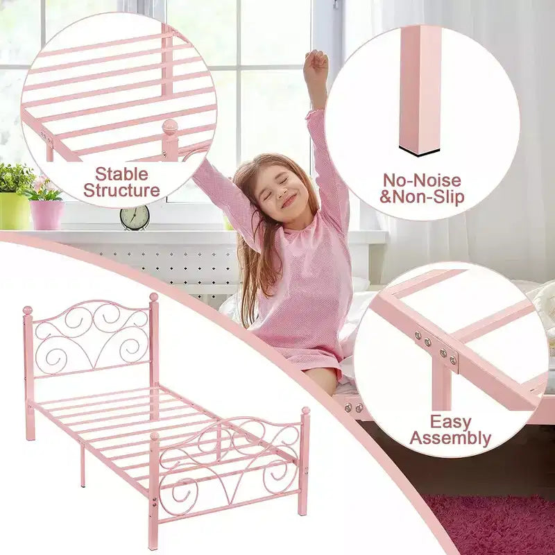 Metal Scroll Bed Frame with Upholstered Headboard & Footboard