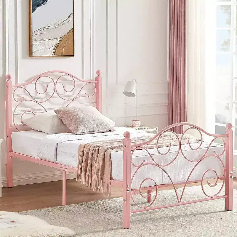 Metal Scroll Bed Frame with Upholstered Headboard & Footboard
