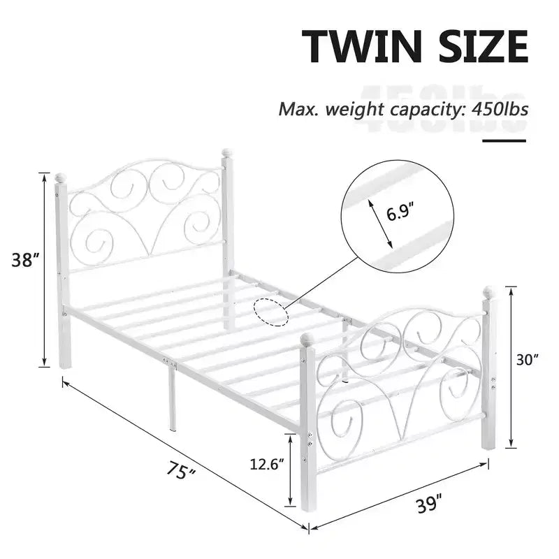 Metal Scroll Bed Frame with Upholstered Headboard & Footboard