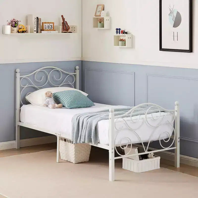 Metal Scroll Bed Frame with Upholstered Headboard & Footboard