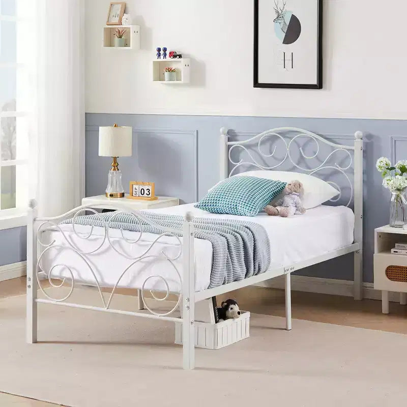 Metal Scroll Bed Frame with Upholstered Headboard & Footboard