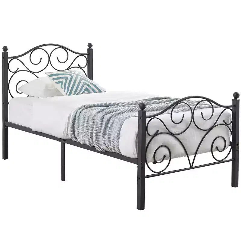 Metal Scroll Bed Frame with Upholstered Headboard & Footboard