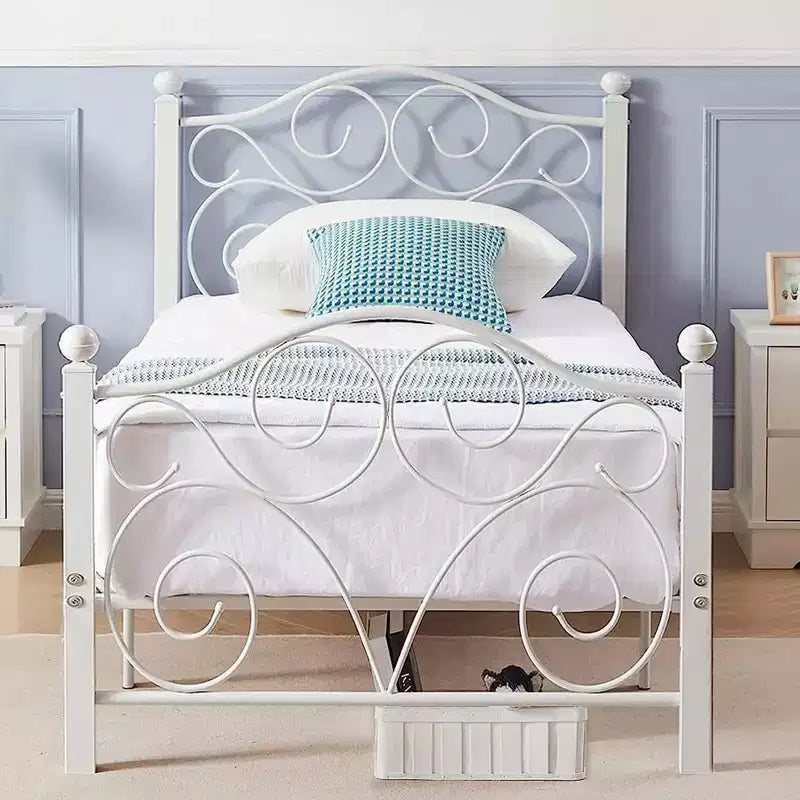 Metal Scroll Bed Frame with Upholstered Headboard & Footboard
