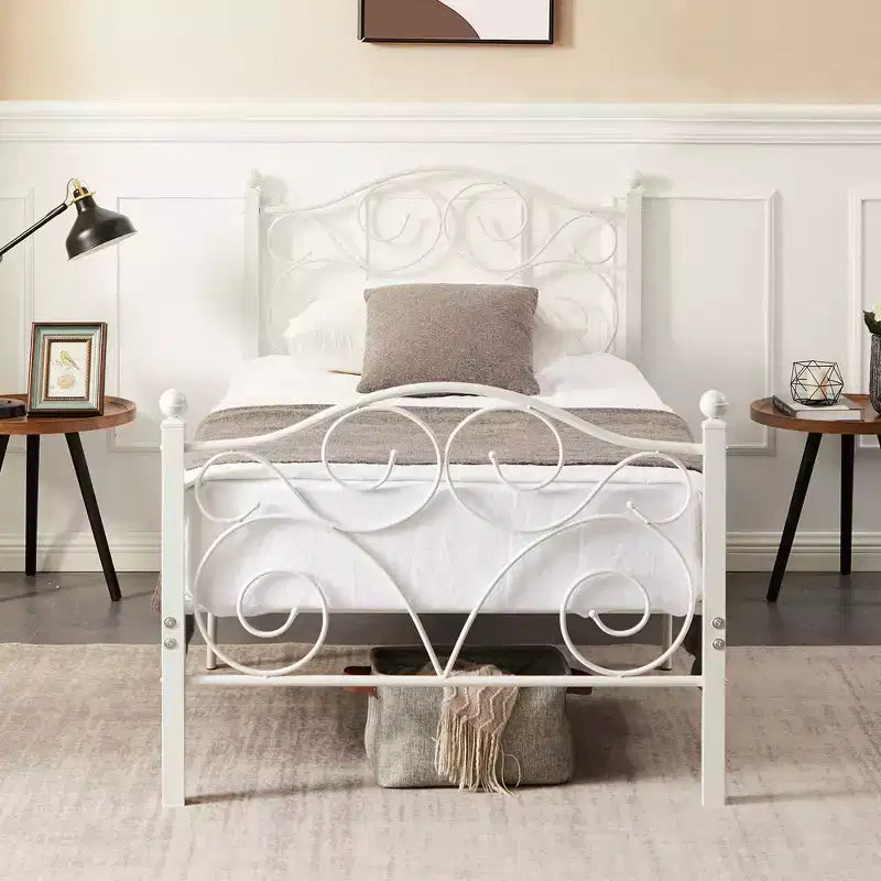 Metal Scroll Bed Frame with Upholstered Headboard & Footboard
