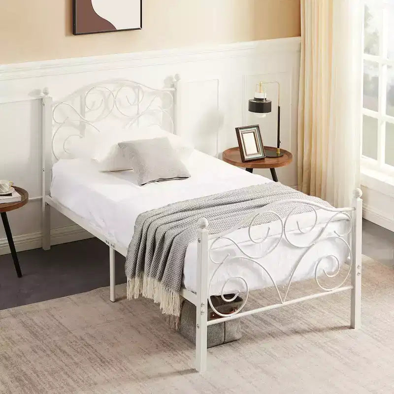 Metal Scroll Bed Frame with Upholstered Headboard & Footboard