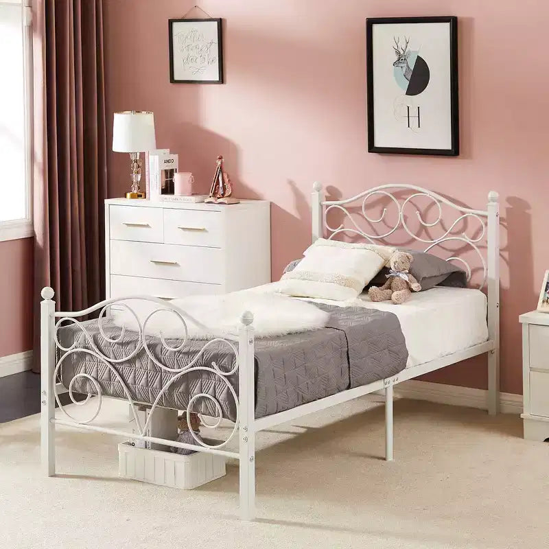 Metal Scroll Bed Frame with Upholstered Headboard & Footboard