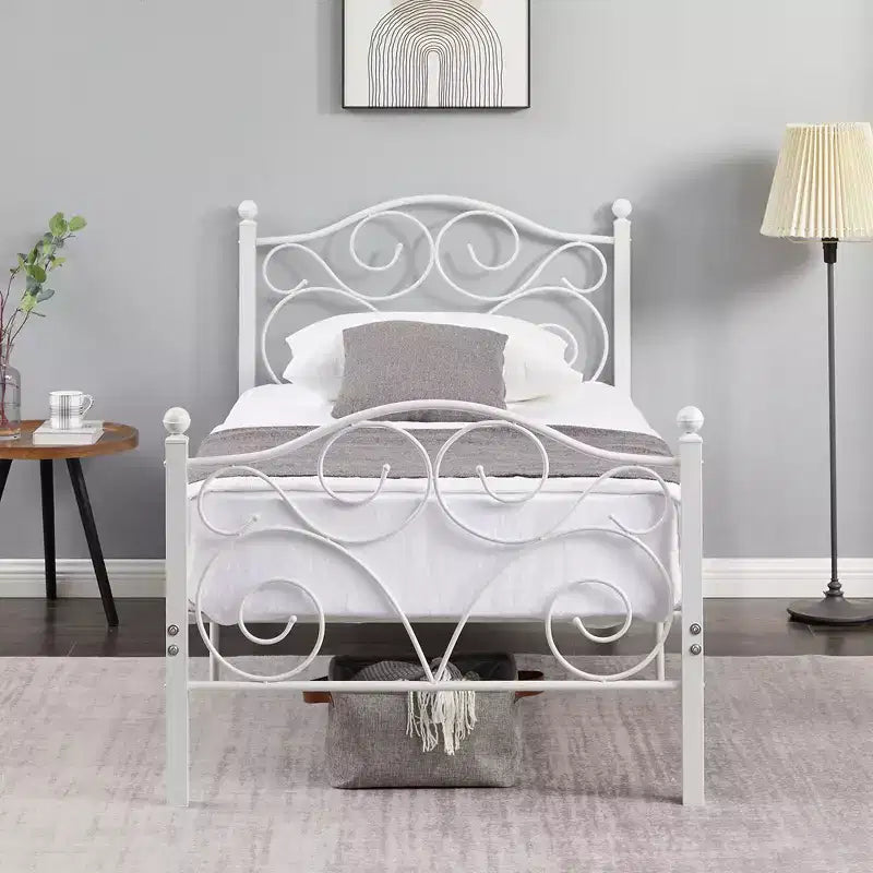 Metal Scroll Bed Frame with Upholstered Headboard & Footboard