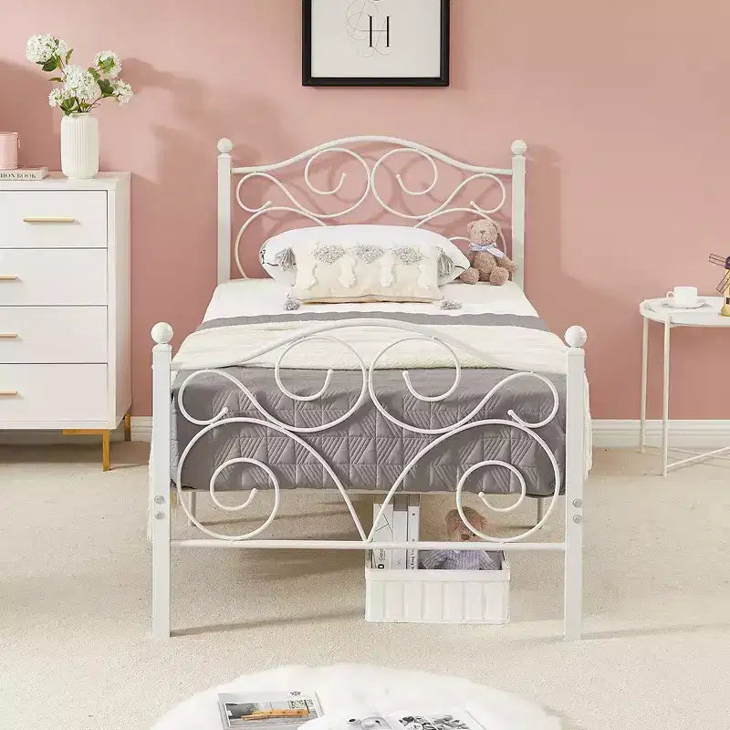 Metal Scroll Bed Frame with Upholstered Headboard & Footboard