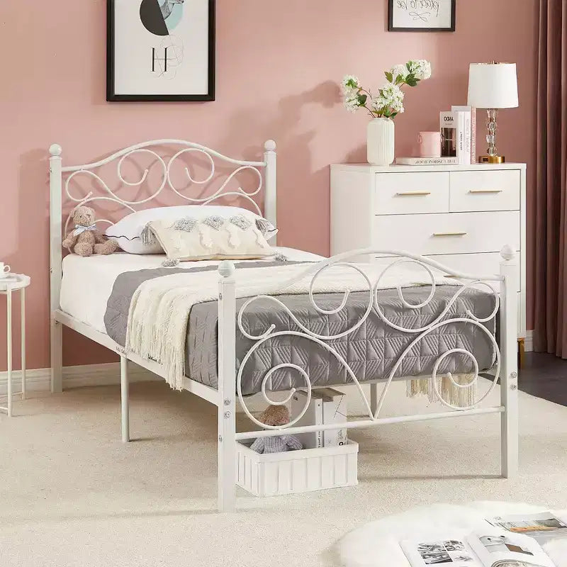 Metal Scroll Bed Frame with Upholstered Headboard & Footboard