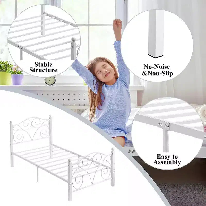 Metal Scroll Bed Frame with Upholstered Headboard & Footboard