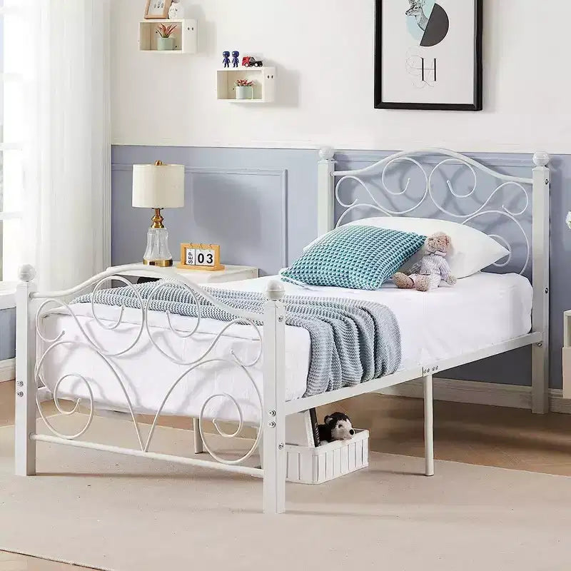Metal Scroll Bed Frame with Upholstered Headboard & Footboard