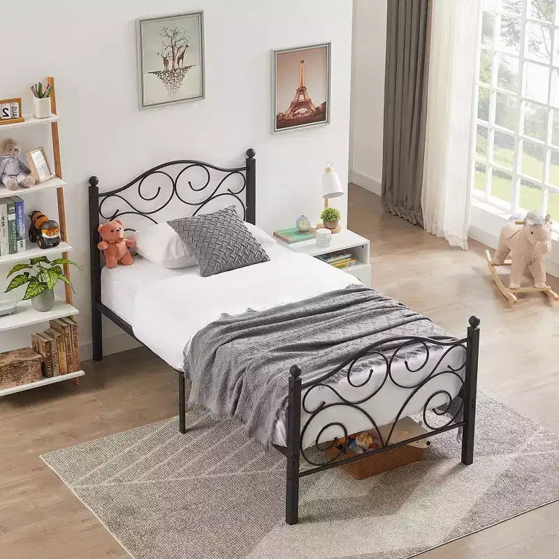 Metal Scroll Bed Frame with Upholstered Headboard & Footboard