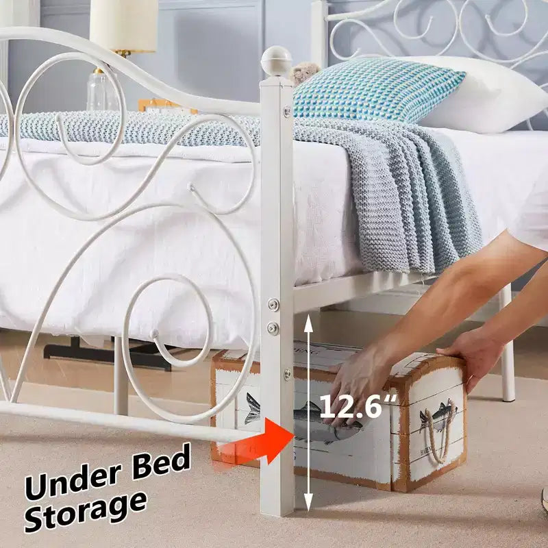 Metal Scroll Bed Frame with Upholstered Headboard & Footboard