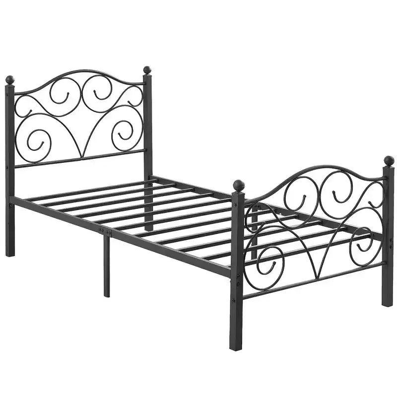 Metal Scroll Bed Frame with Upholstered Headboard & Footboard