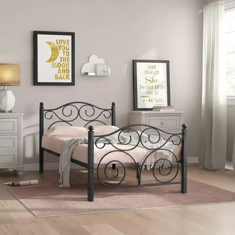 Metal Scroll Bed Frame with Upholstered Headboard & Footboard