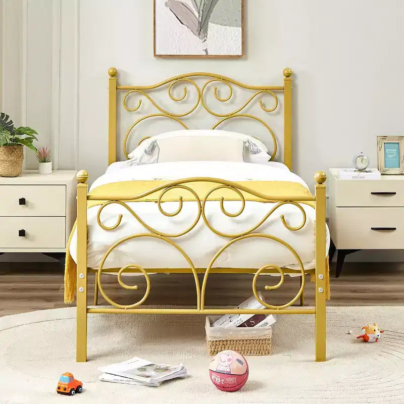 Metal Scroll Bed Frame with Upholstered Headboard & Footboard