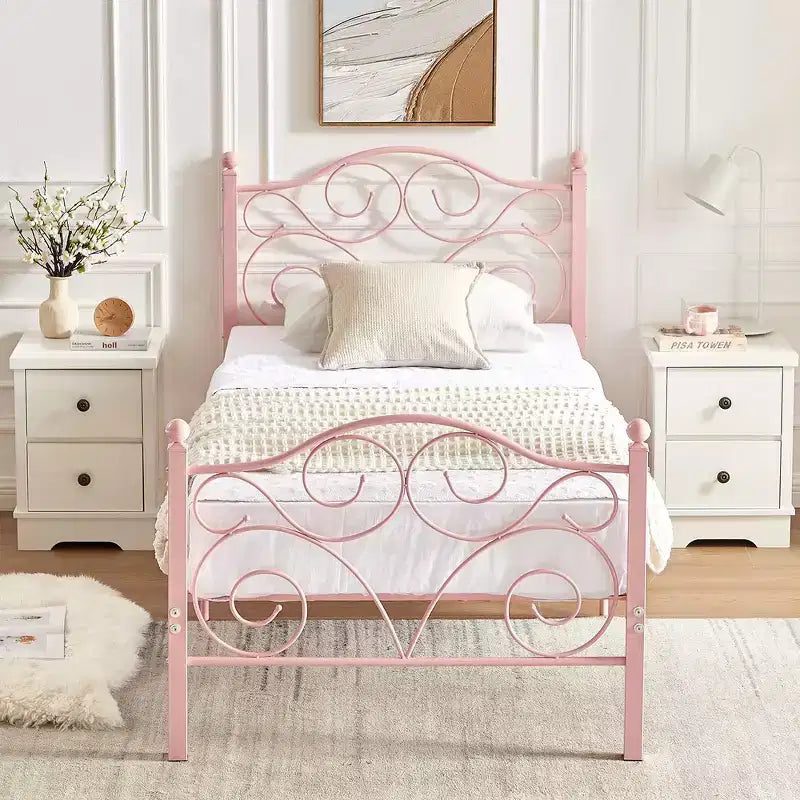 Metal Scroll Bed Frame with Upholstered Headboard & Footboard