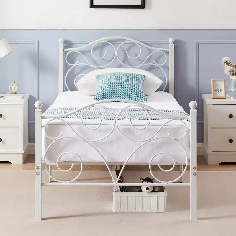 Metal Scroll Bed Frame with Upholstered Headboard & Footboard
