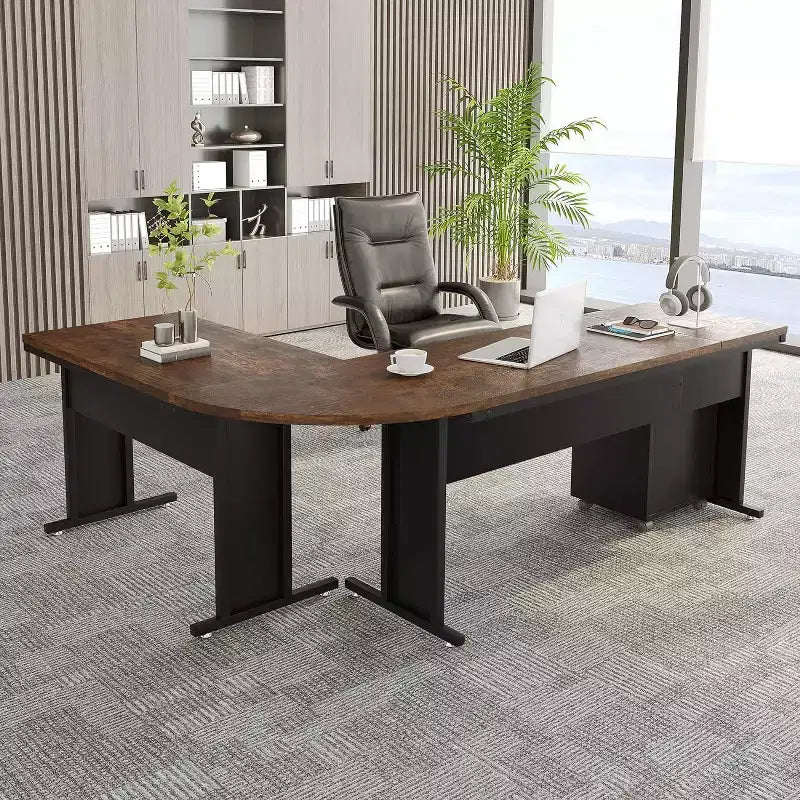 L-Shaped Executive Desk with 3-Drawer Mobile File Cabinet - 82.68"