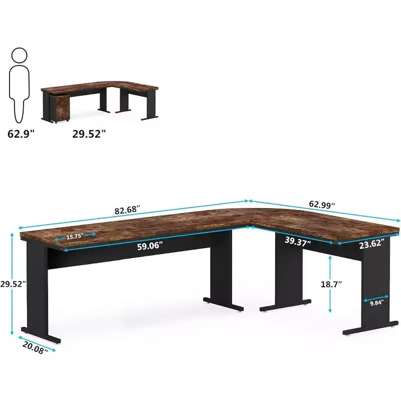 L-Shaped Executive Desk with 3-Drawer Mobile File Cabinet - 82.68"
