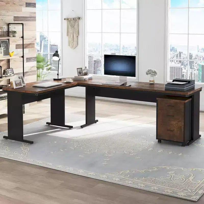 L-Shaped Executive Desk with 3-Drawer Mobile File Cabinet - 82.68"