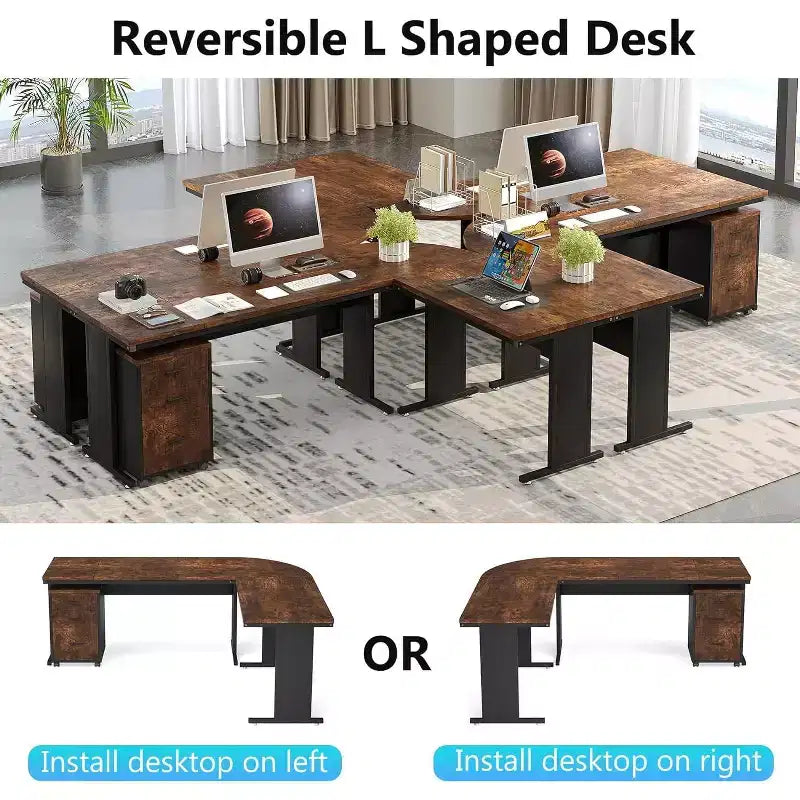 L-Shaped Executive Desk with 3-Drawer Mobile File Cabinet - 82.68"