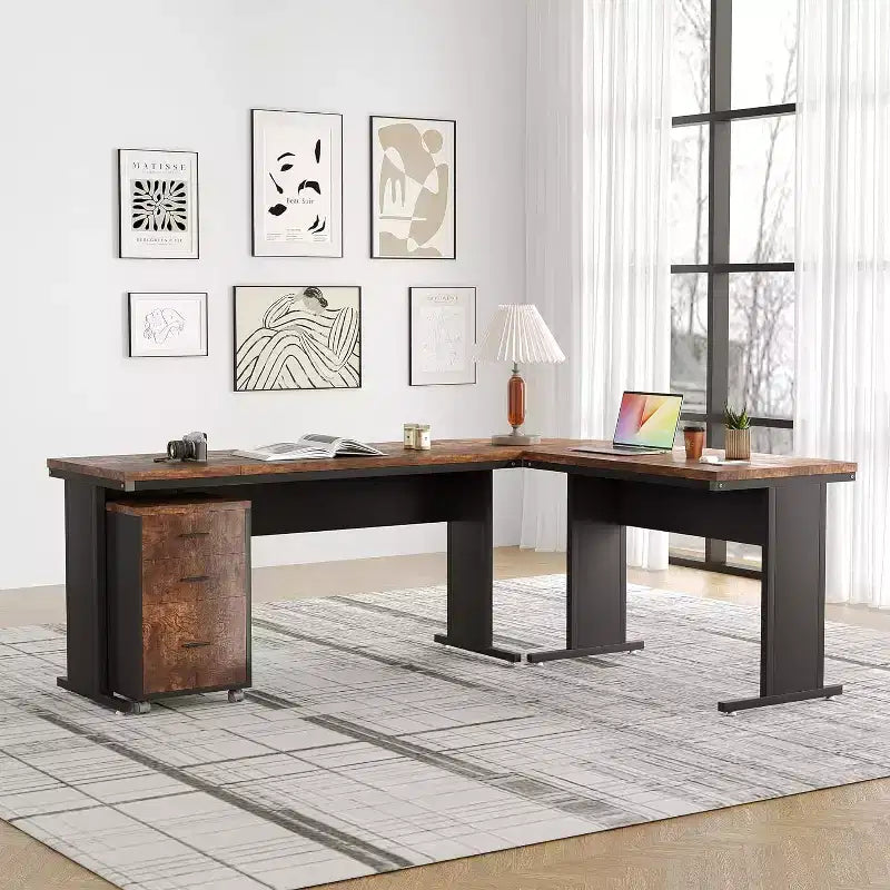 L-Shaped Executive Desk with 3-Drawer Mobile File Cabinet - 82.68"