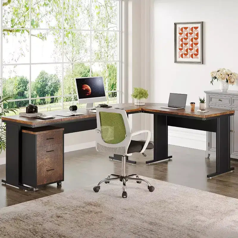 L-Shaped Executive Desk with 3-Drawer Mobile File Cabinet - 82.68"